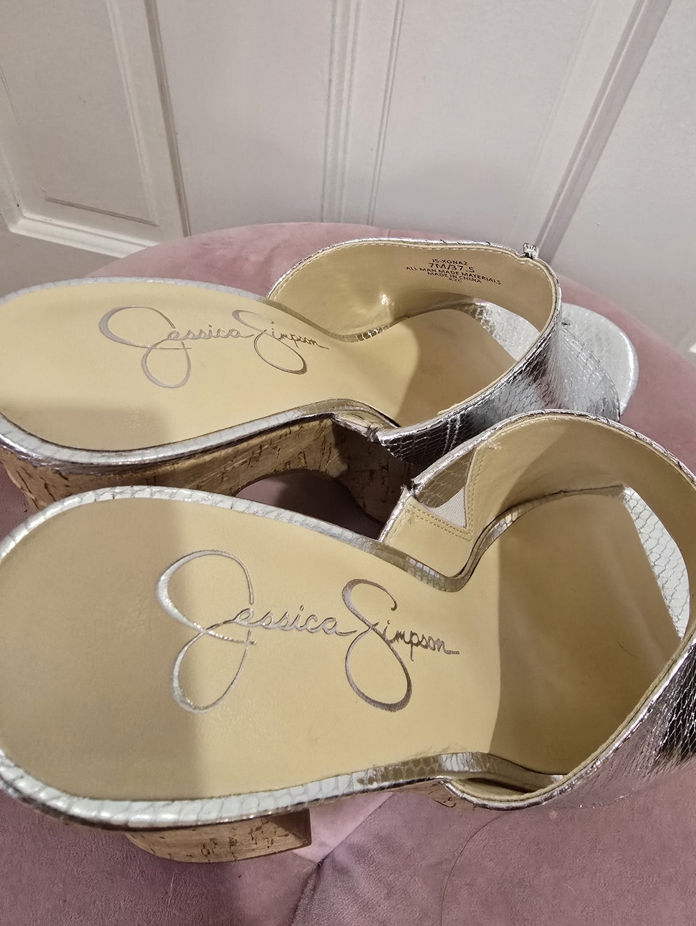 Jessica Simpson Silver Metallic Cork Platform Mules - Picture 5 of 6